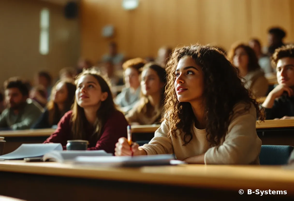 A lecture theatre of students, attention on the front of the room