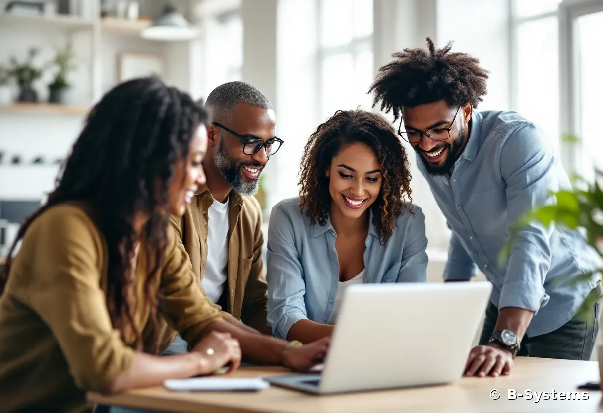 A research team gathered around a laptop, working through a project together